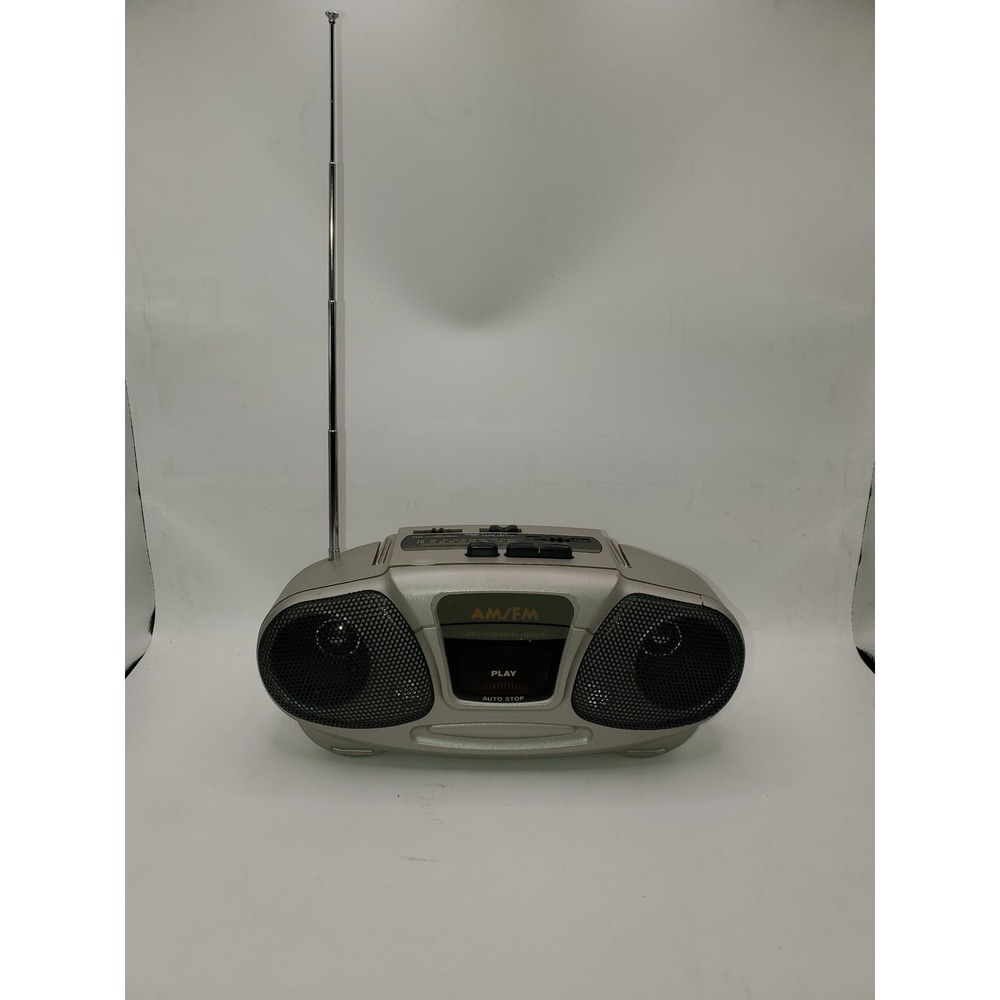 Portable AM/FM Radio Cassette Player Silver Vintage Style Boombox